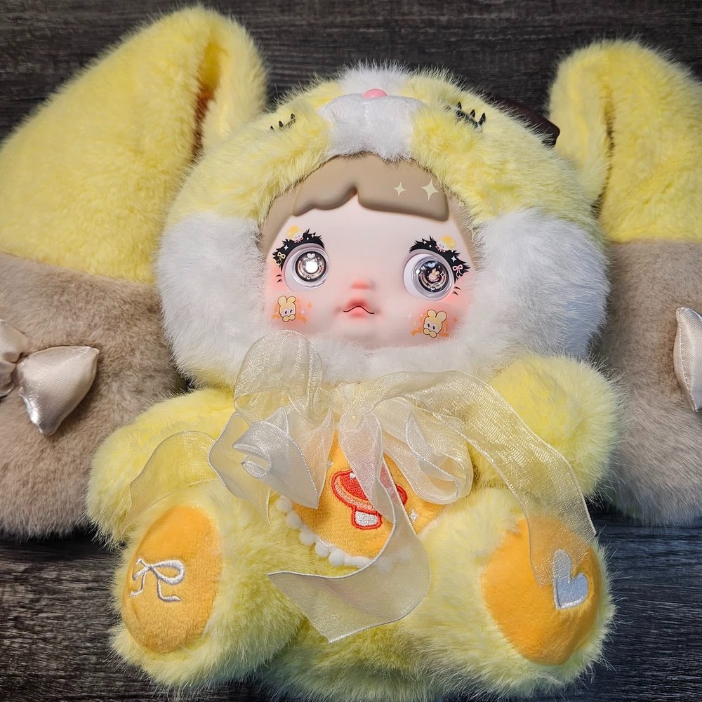 Nommi Yellow Bunny Plush Doll with Mushroom Hat Vinyl Face Kawaii Designer Toy